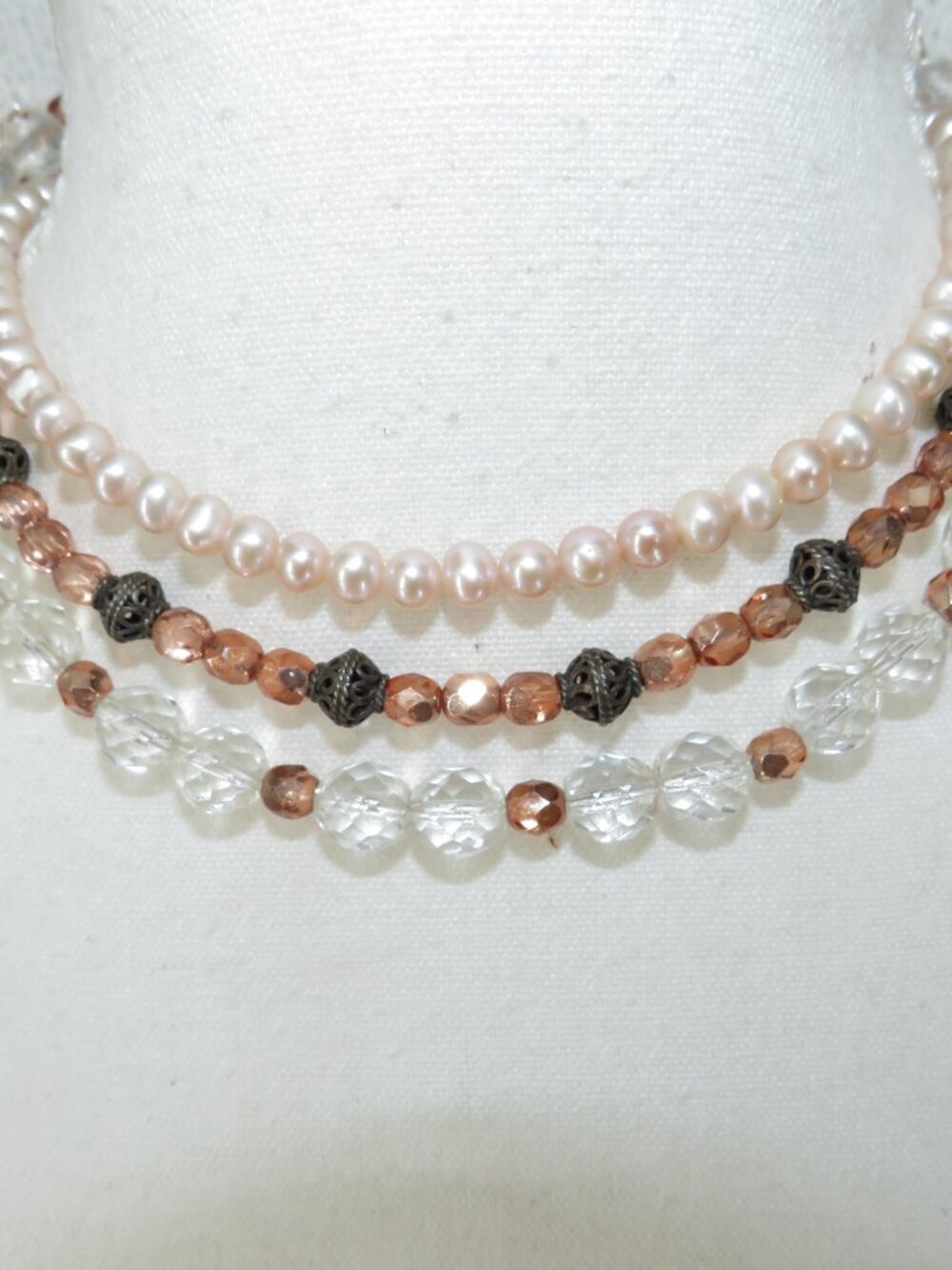 Vintage multi strand beaded necklace pink pearl amber faceted beads 16in - Picture 5 of 5